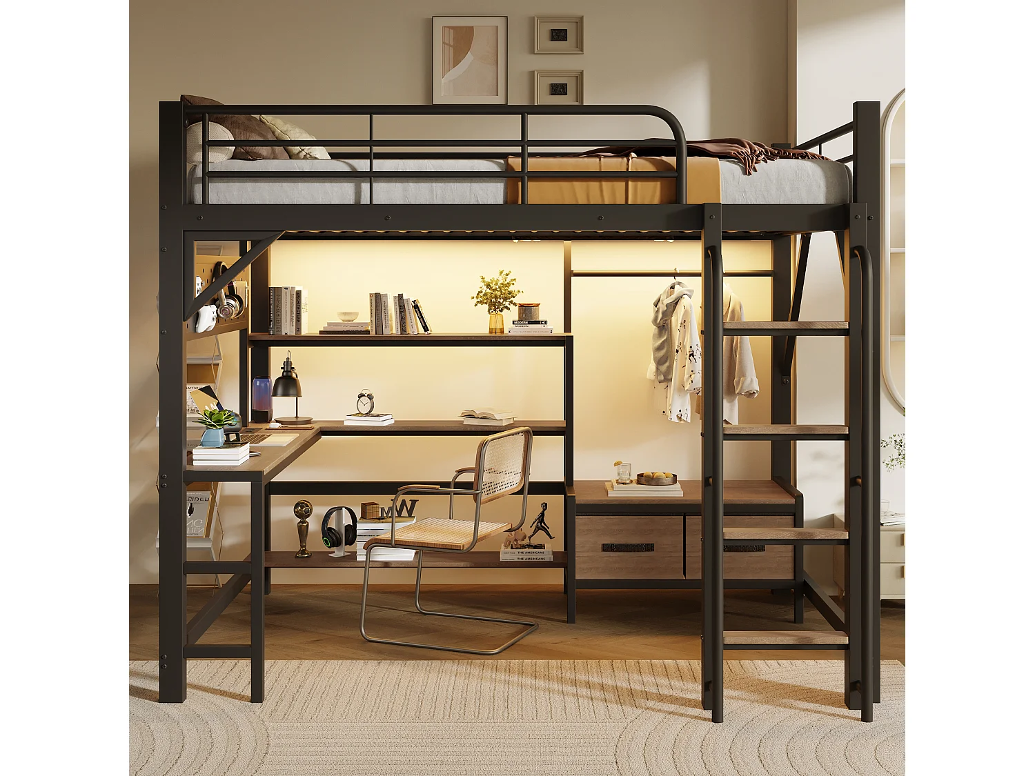 Lit mezzanine 140 x 200 cm avec bureau, étagères, penderie et panneau perforé – Métal et MDF – LED + USB – Noir (Sans matelas)