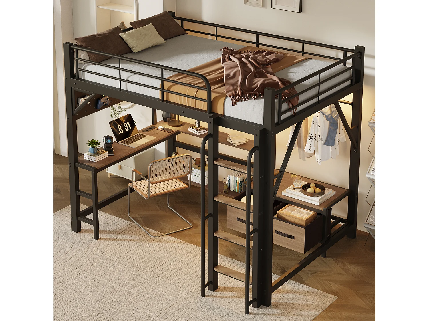 Lit mezzanine 140 x 200 cm avec bureau, étagères, penderie et panneau perforé – Métal et MDF – LED + USB – Noir (Sans matelas)