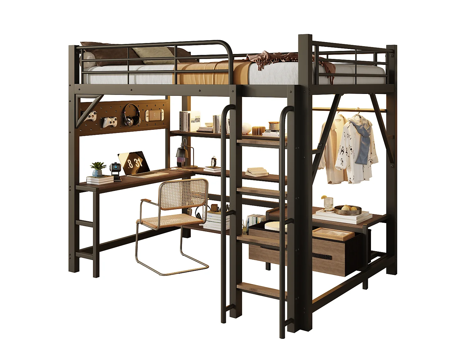 Lit mezzanine 140 x 200 cm avec bureau, étagères, penderie et panneau perforé – Métal et MDF – LED + USB – Noir (Sans matelas)