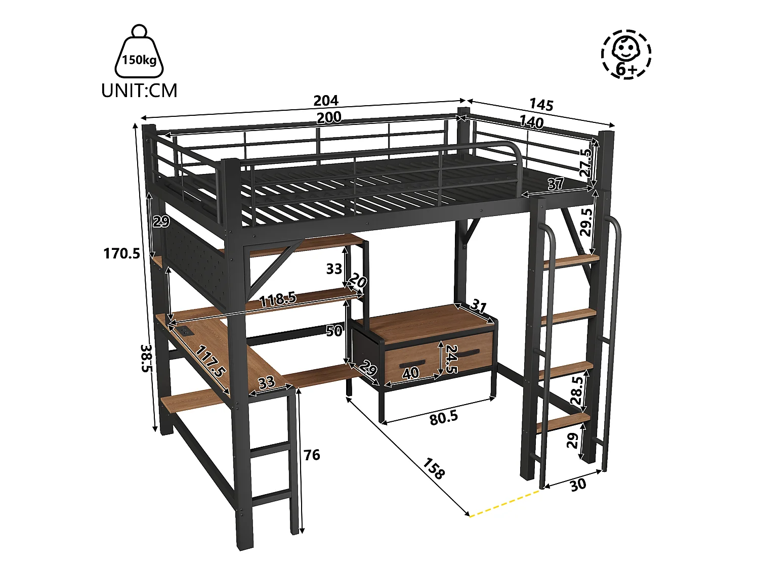 Lit mezzanine 140 x 200 cm avec bureau, étagères, penderie et panneau perforé – Métal et MDF – LED + USB – Noir (Sans matelas)