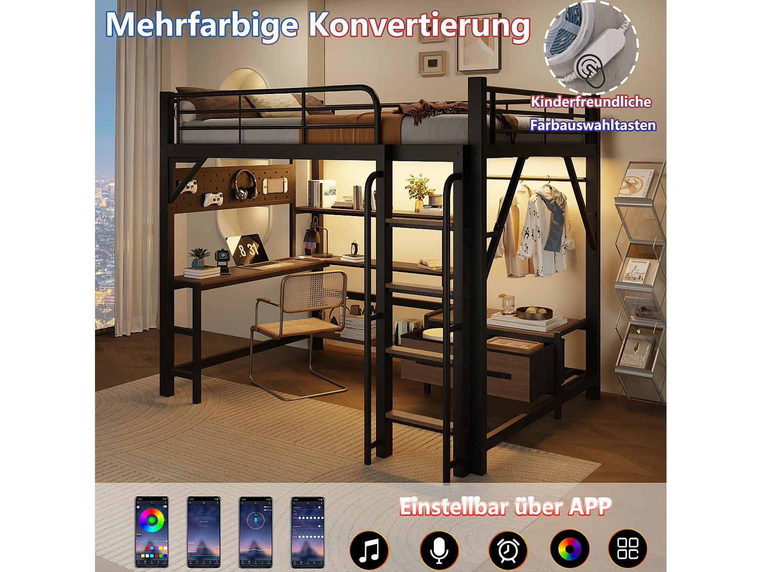 Lit mezzanine 140 x 200 cm avec bureau, étagères, penderie et panneau perforé – Métal et MDF – LED + USB – Noir (Sans matelas)