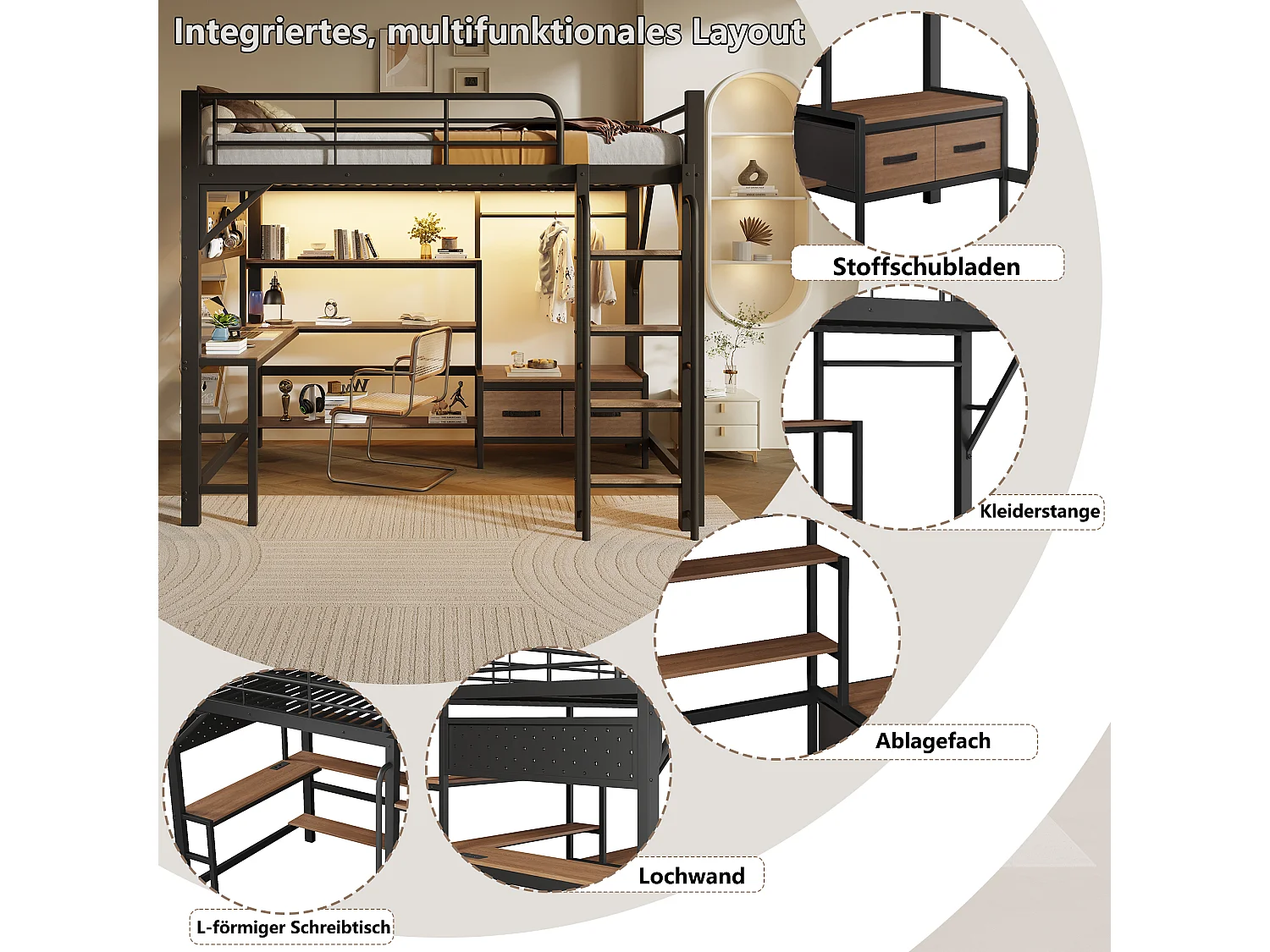 Lit mezzanine 140 x 200 cm avec bureau, étagères, penderie et panneau perforé – Métal et MDF – LED + USB – Noir (Sans matelas)