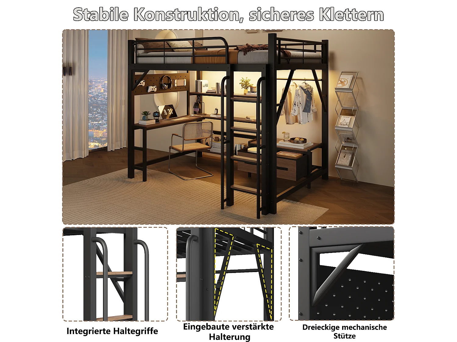 Lit mezzanine 140 x 200 cm avec bureau, étagères, penderie et panneau perforé – Métal et MDF – LED + USB – Noir (Sans matelas)