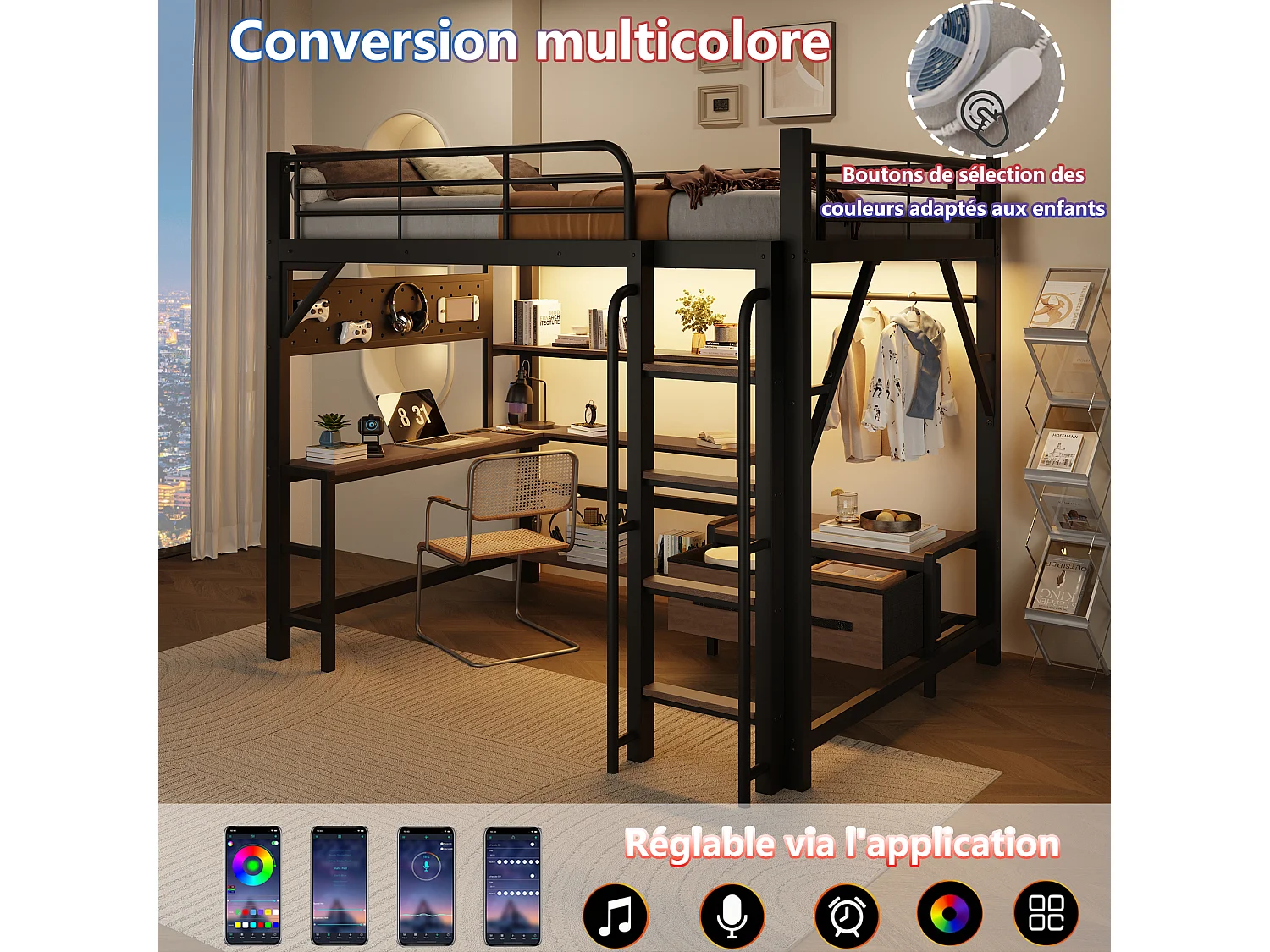 Lit mezzanine 140 x 200 cm avec bureau, étagères, penderie et panneau perforé – Métal et MDF – LED + USB – Noir (Sans matelas)