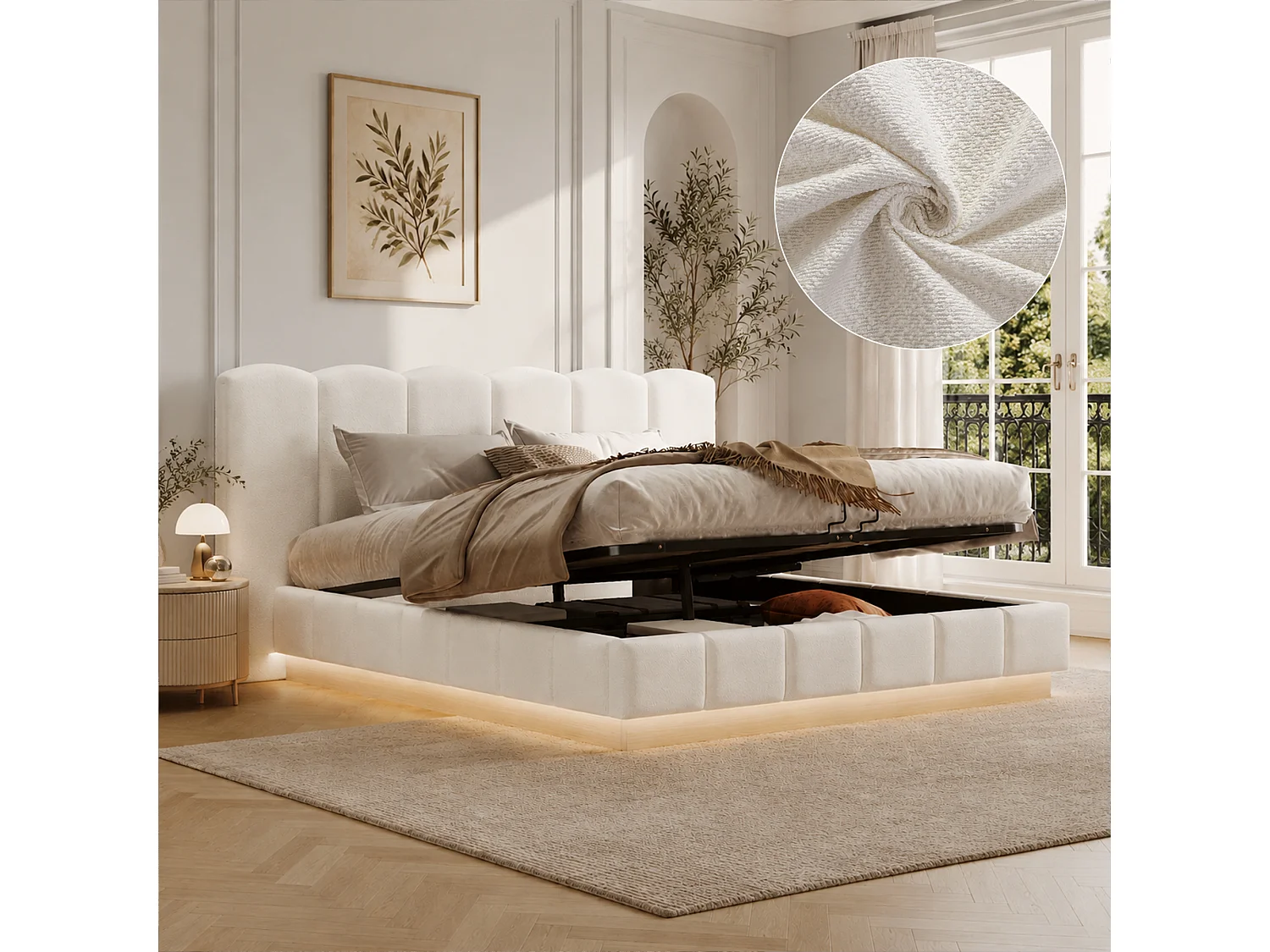 Lit coffre 180 x 200 cm avec coffre hydraulique, sommier à lattes, tête de lit nuage, éclairage LED - Bouclé - Blanc (Sans matelas)