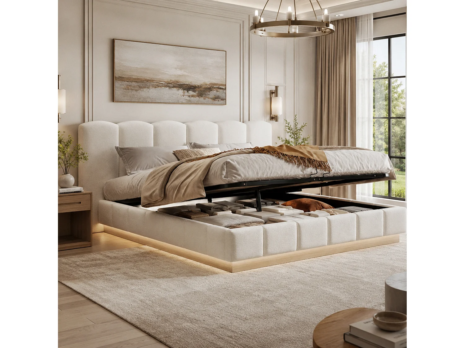 Lit coffre 180 x 200 cm avec coffre hydraulique, sommier à lattes, tête de lit nuage, éclairage LED - Bouclé - Blanc (Sans matelas)