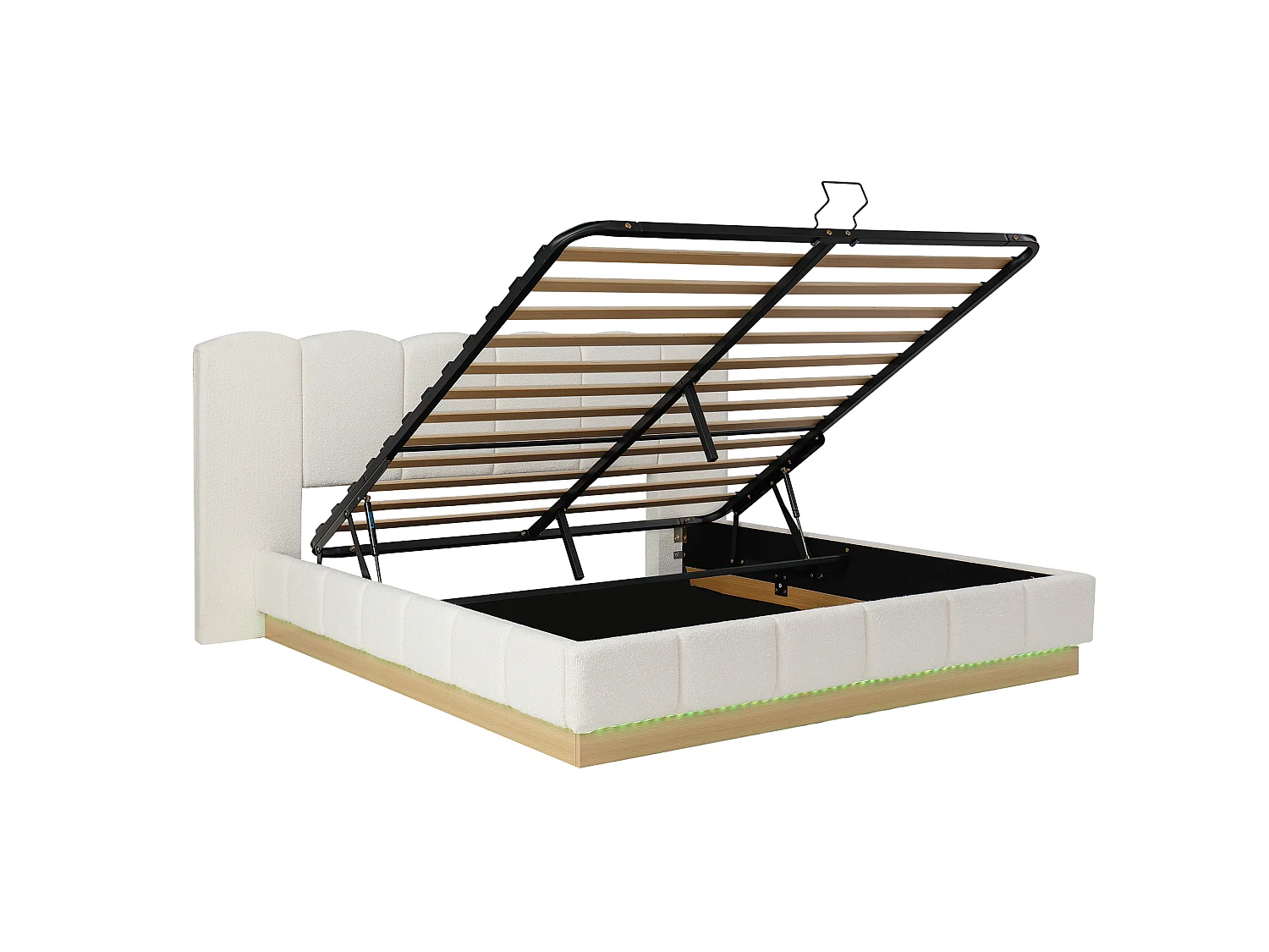Lit coffre 180 x 200 cm avec coffre hydraulique, sommier à lattes, tête de lit nuage, éclairage LED - Bouclé - Blanc (Sans matelas)