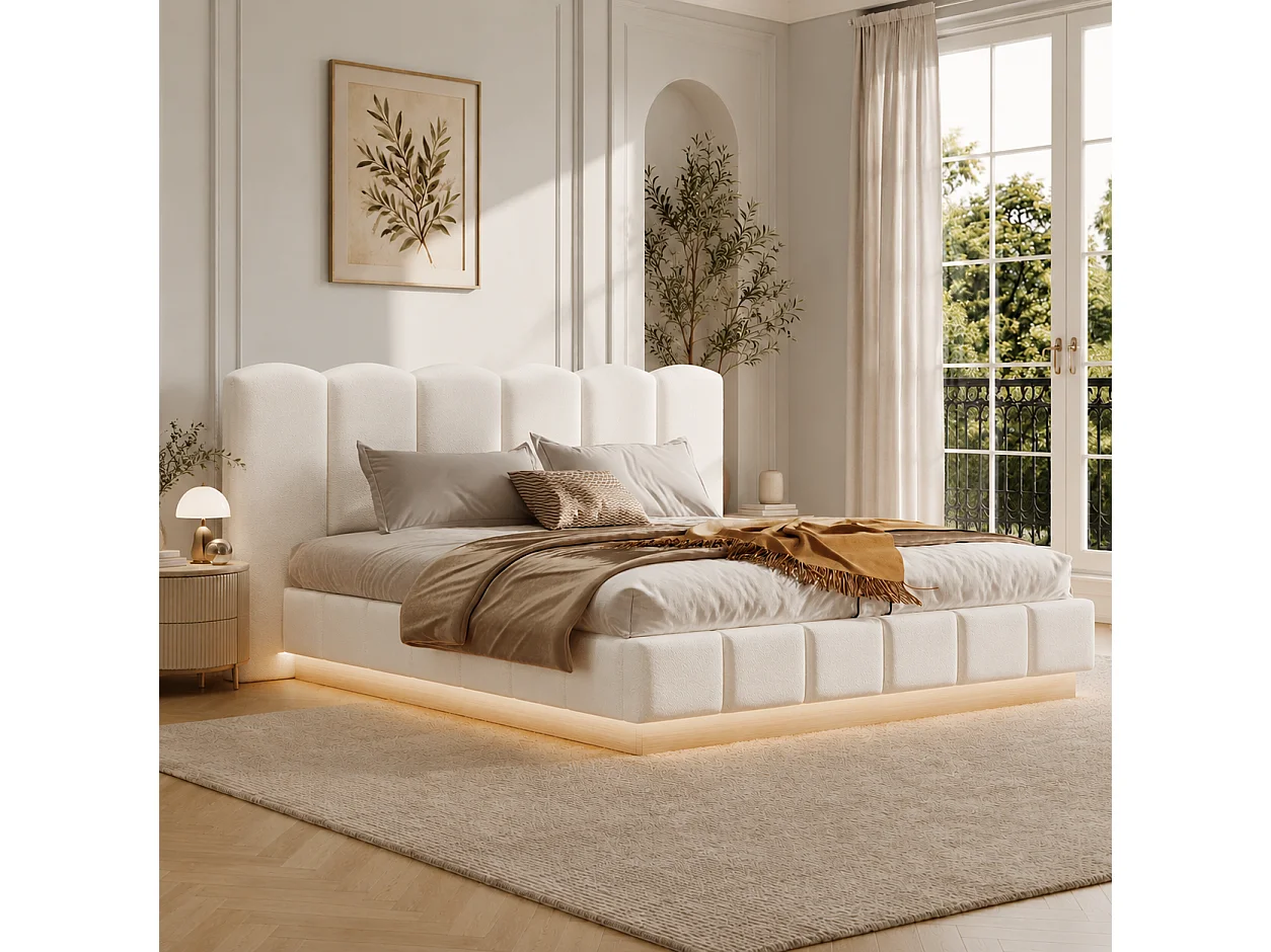 Lit coffre 180 x 200 cm avec coffre hydraulique, sommier à lattes, tête de lit nuage, éclairage LED - Bouclé - Blanc (Sans matelas)