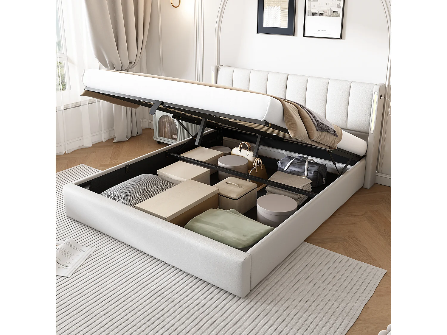 Lit coffre binaural avec tête de lit réglable - 180 x 200 cm - Cuir PU - LEDs et USB - Blanc (Sans matelas)