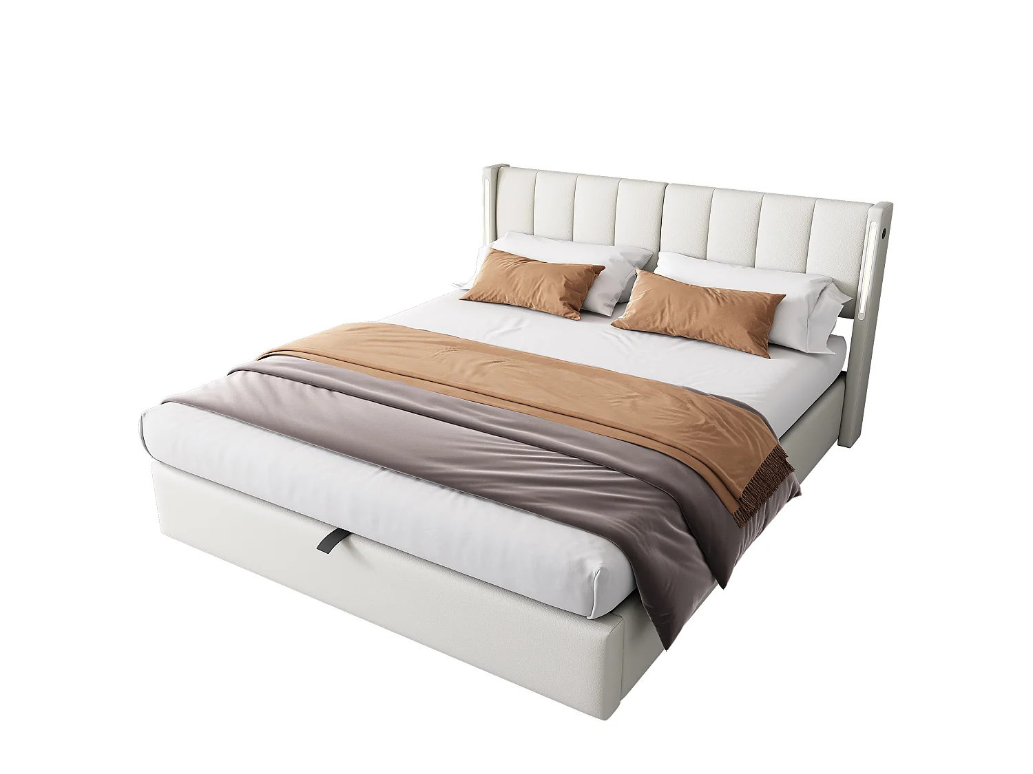 Lit coffre binaural avec tête de lit réglable - 180 x 200 cm - Cuir PU - LEDs et USB - Blanc (Sans matelas)