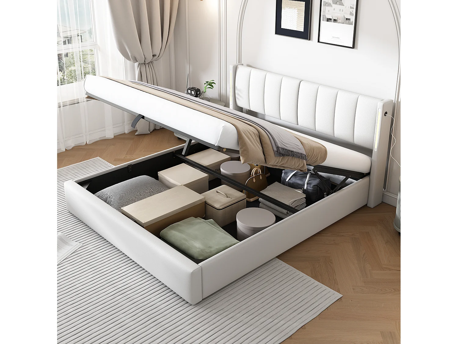 Lit coffre binaural avec tête de lit réglable - 180 x 200 cm - Cuir PU - LEDs et USB - Blanc (Sans matelas)