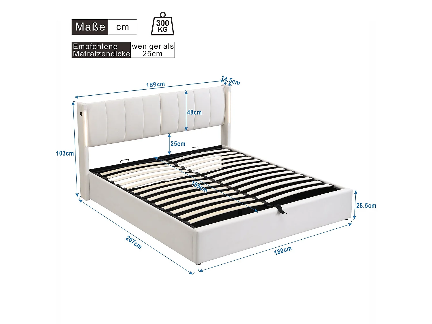 Lit coffre binaural avec tête de lit réglable - 180 x 200 cm - Cuir PU - LEDs et USB - Blanc (Sans matelas)