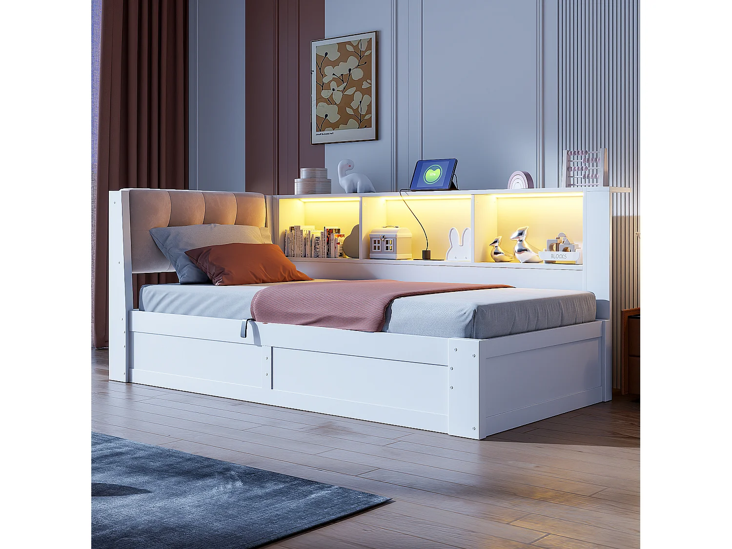 Lit coffre 90 x 200 cm avec étagère latérale et LED – Pin, MDF, panneaux de particules et lin – USB – Blanc (Sans matelas)
