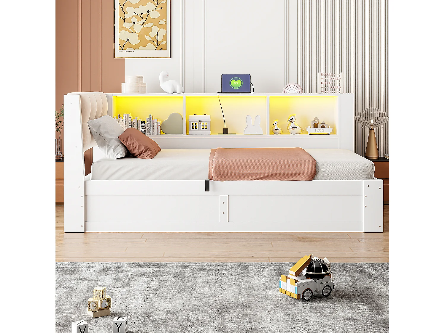 Lit coffre 90 x 200 cm avec étagère latérale et LED – Pin, MDF, panneaux de particules et lin – USB – Blanc (Sans matelas)