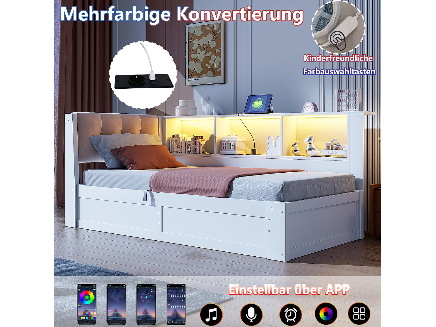 Lit coffre 90 x 200 cm avec étagère latérale et LED – Pin, MDF, panneaux de particules et lin – USB – Blanc (Sans matelas)
