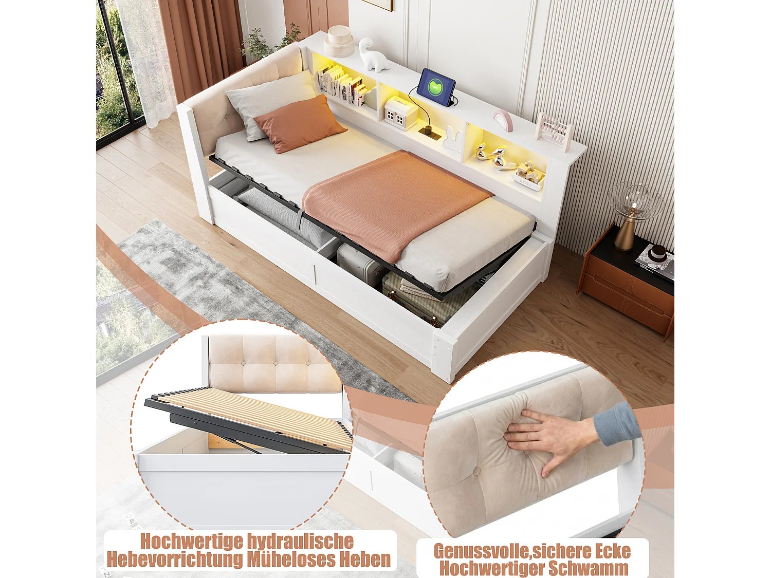 Lit coffre 90 x 200 cm avec étagère latérale et LED – Pin, MDF, panneaux de particules et lin – USB – Blanc (Sans matelas)