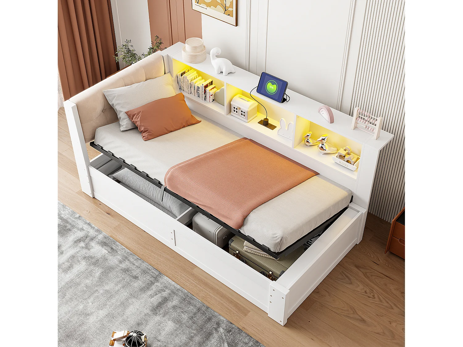 Lit coffre 90 x 200 cm avec étagère latérale et LED – Pin, MDF, panneaux de particules et lin – USB – Blanc (Sans matelas)