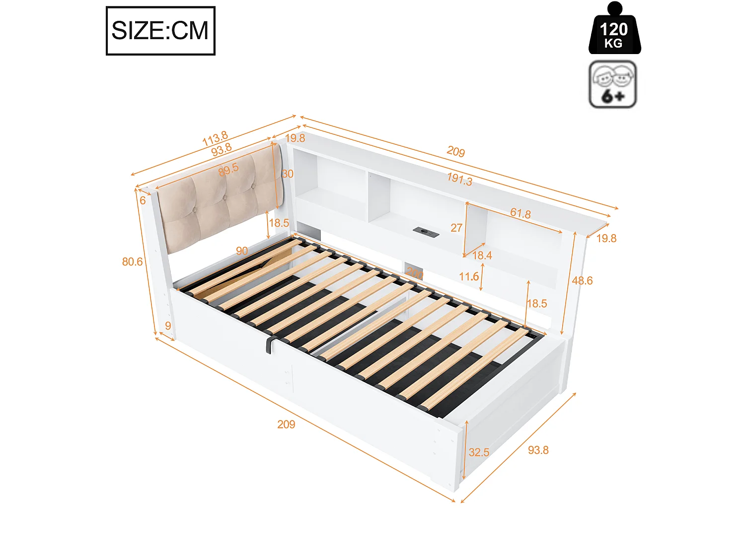Lit coffre 90 x 200 cm avec étagère latérale et LED – Pin, MDF, panneaux de particules et lin – USB – Blanc (Sans matelas)
