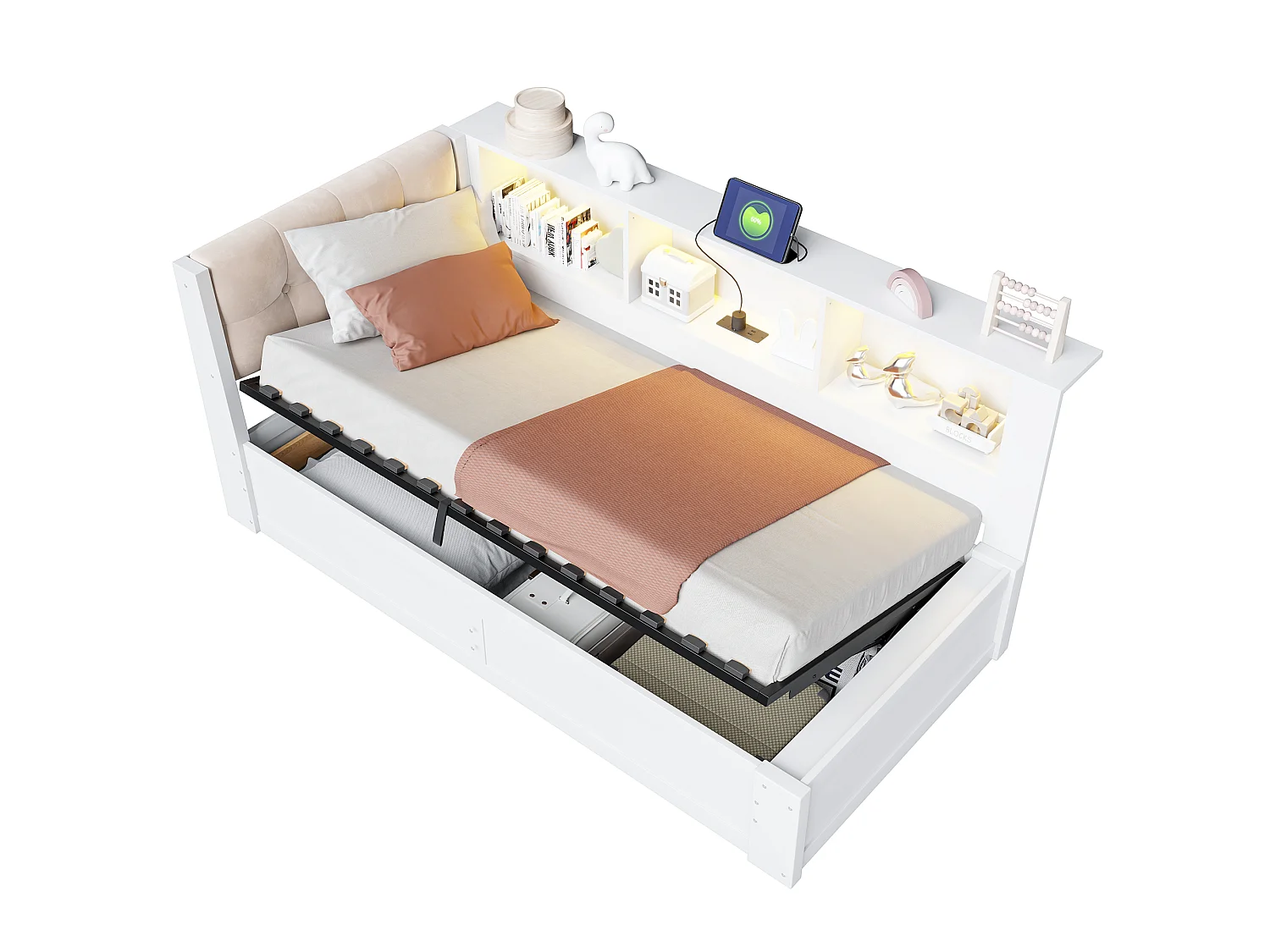 Lit coffre 90 x 200 cm avec étagère latérale et LED – Pin, MDF, panneaux de particules et lin – USB – Blanc (Sans matelas)