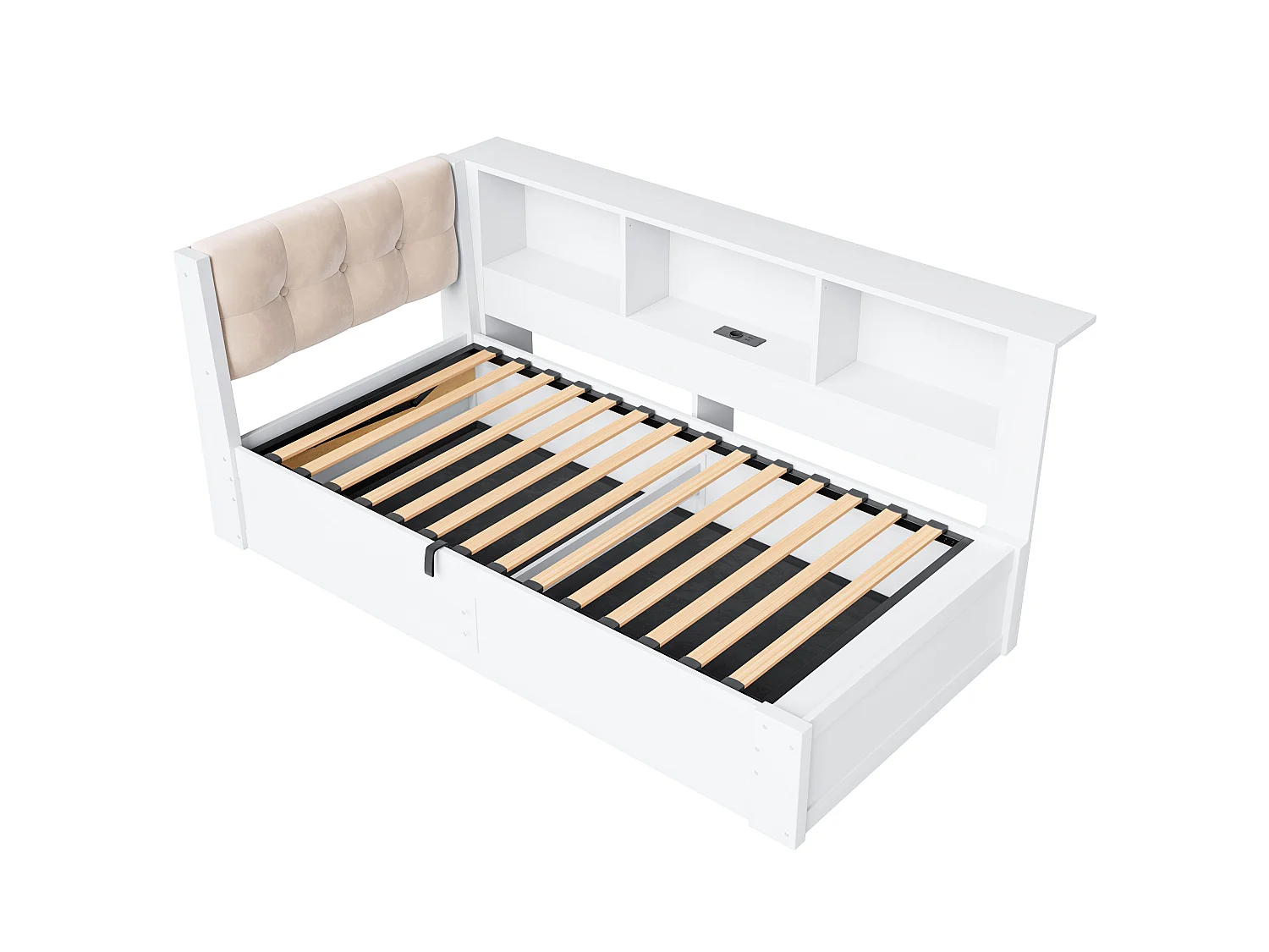 Lit coffre 90 x 200 cm avec étagère latérale et LED – Pin, MDF, panneaux de particules et lin – USB – Blanc (Sans matelas)
