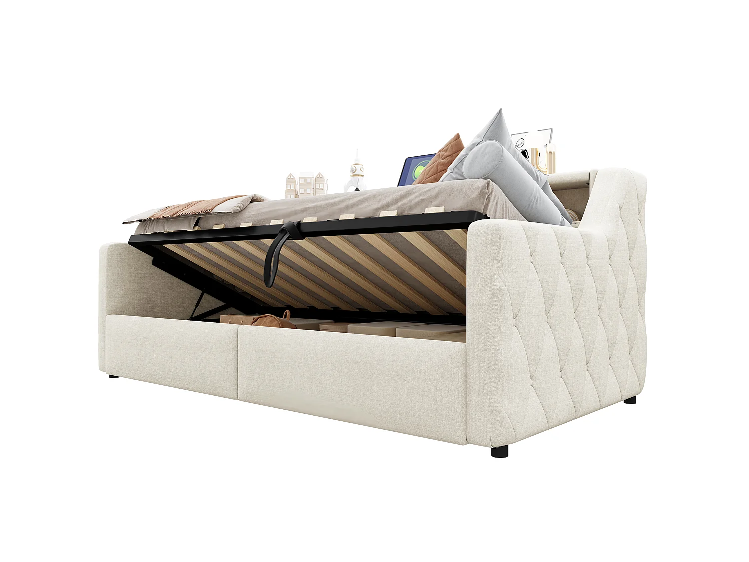 Letto contenitore 90 x 200 cm con meccanismo idraulico, illuminazione a LED e porte USB e Type-C - Lino + MDF - Beige (Materasso non incluso)