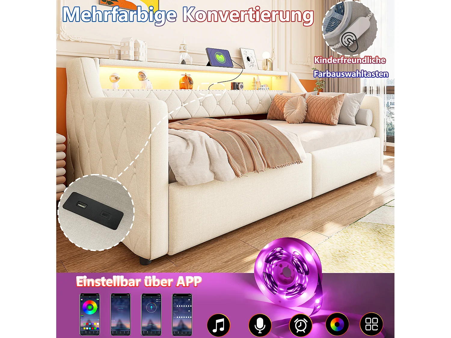 Letto contenitore 90 x 200 cm con meccanismo idraulico, illuminazione a LED e porte USB e Type-C - Lino + MDF - Beige (Materasso non incluso)