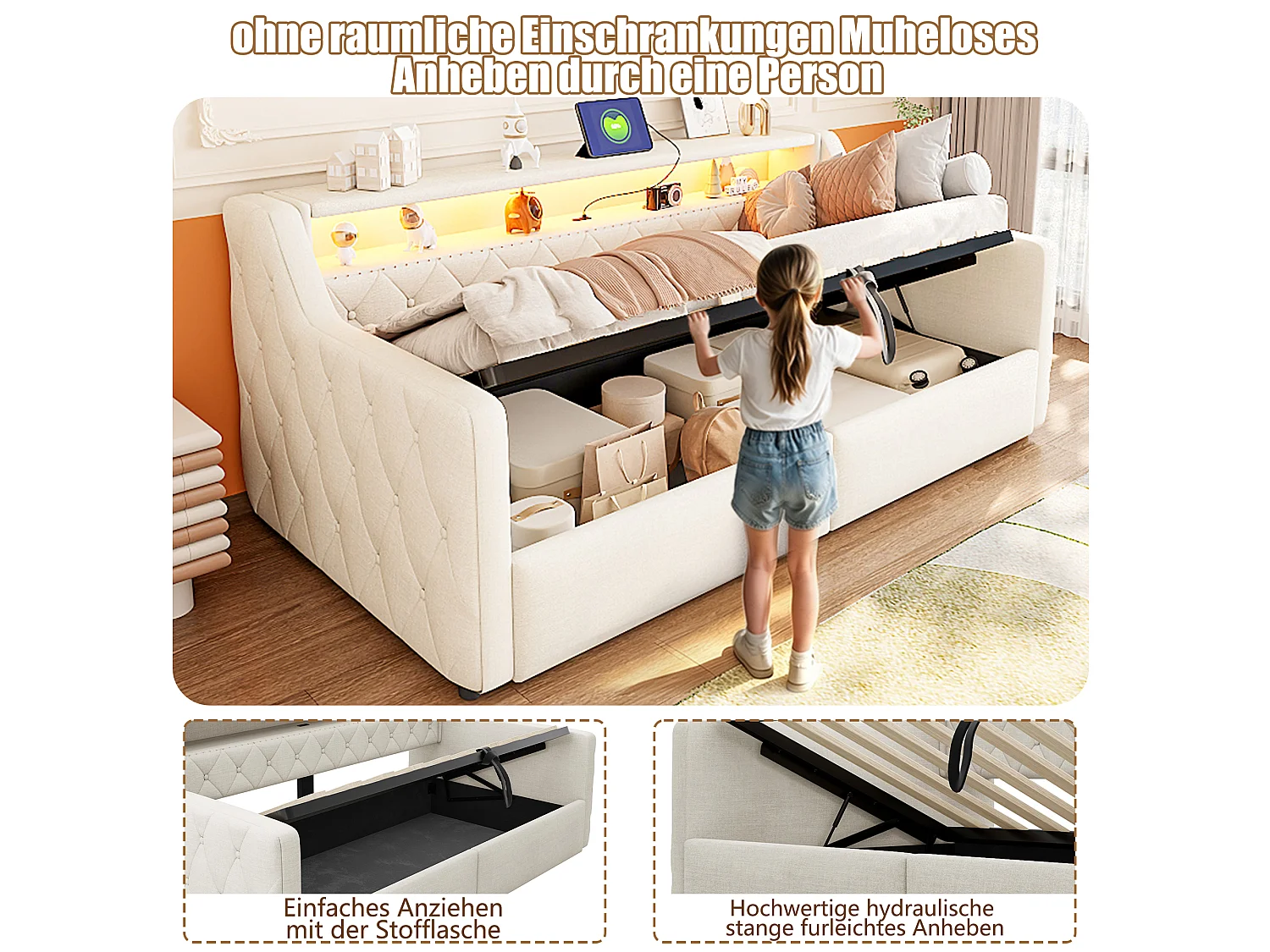 Letto contenitore 90 x 200 cm con meccanismo idraulico, illuminazione a LED e porte USB e Type-C - Lino + MDF - Beige (Materasso non incluso)