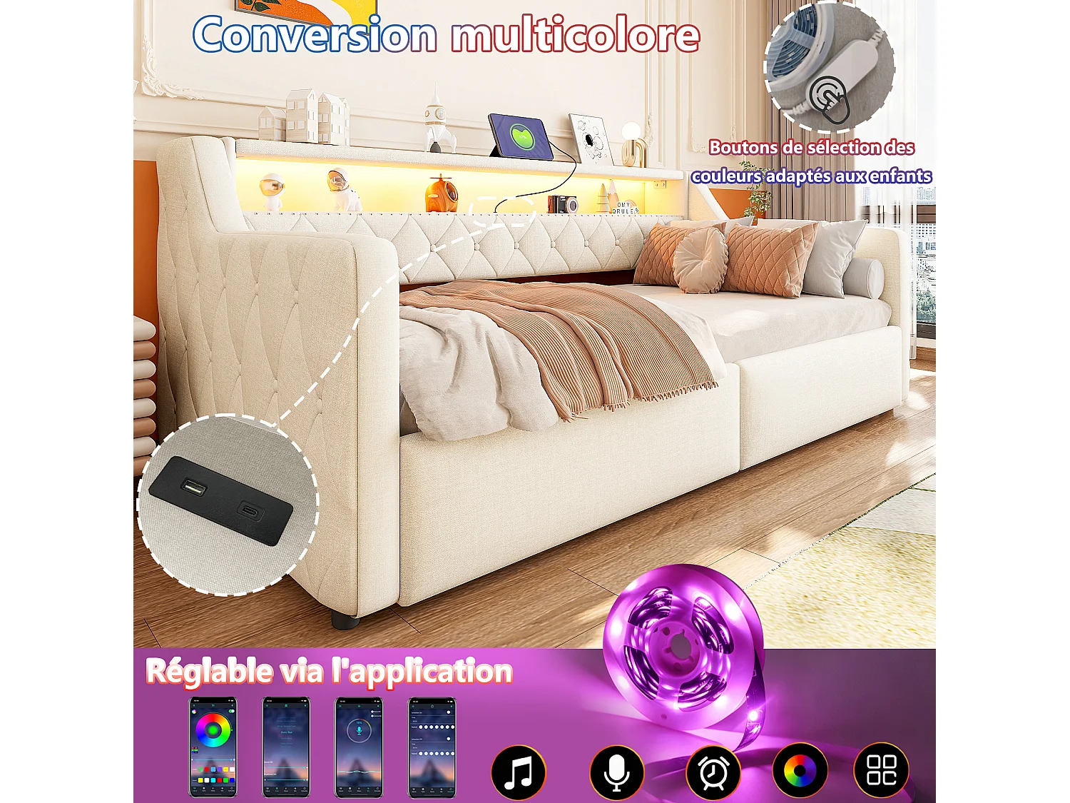 Letto contenitore 90 x 200 cm con meccanismo idraulico, illuminazione a LED e porte USB e Type-C - Lino + MDF - Beige (Materasso non incluso)