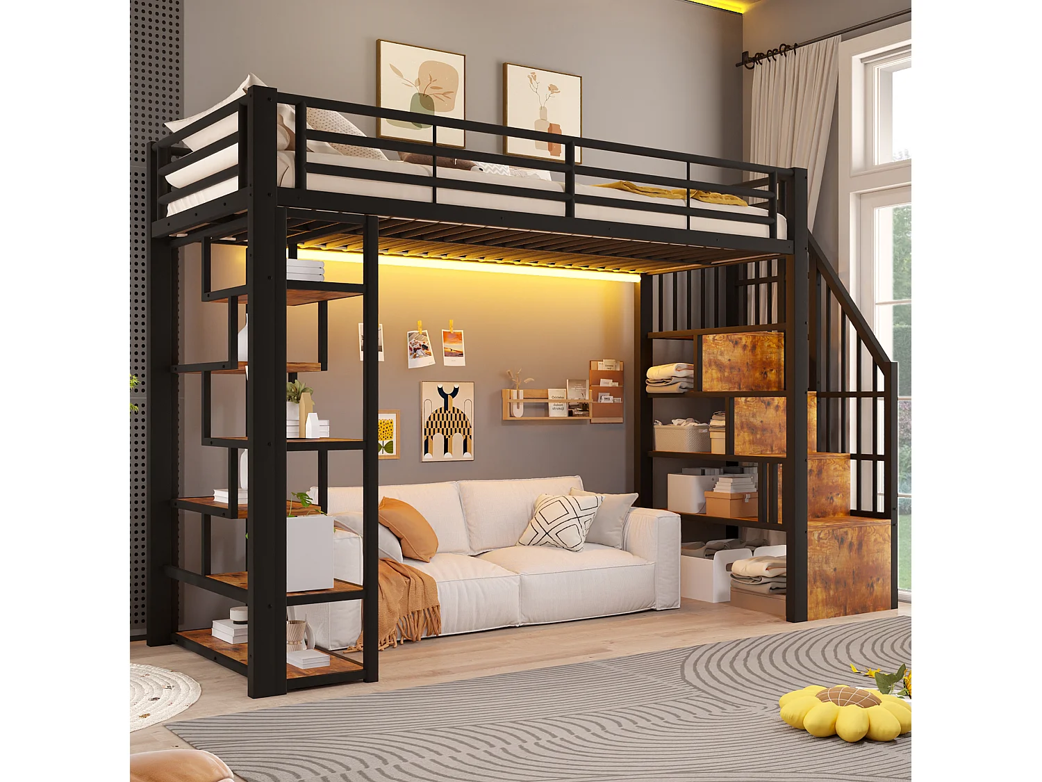 Hoogslaper 90 x 200 cm met opbergtrap en open schappen onder het bed – Metaal en MDF – LED – Zwart (Matras niet inbegrepen)