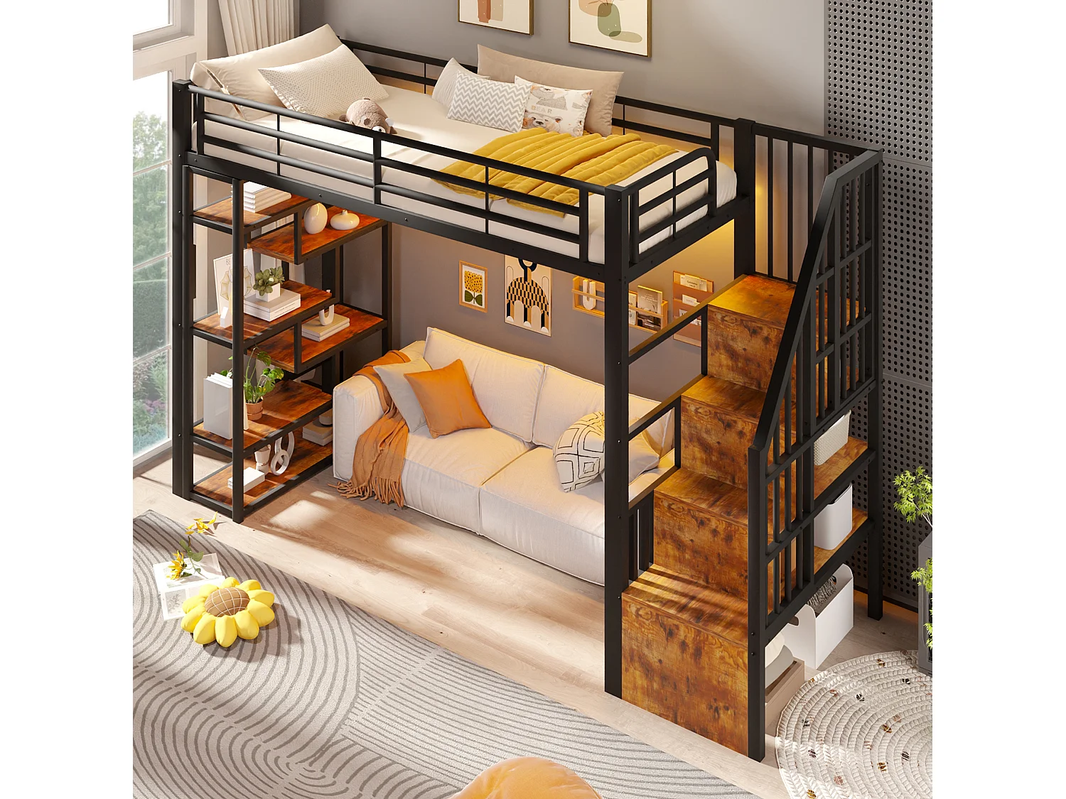 Hoogslaper 90 x 200 cm met opbergtrap en open schappen onder het bed – Metaal en MDF – LED – Zwart (Matras niet inbegrepen)