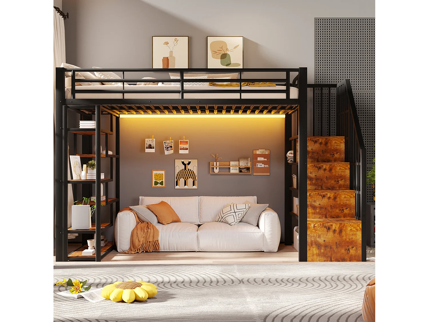 Hoogslaper 90 x 200 cm met opbergtrap en open schappen onder het bed – Metaal en MDF – LED – Zwart (Matras niet inbegrepen)