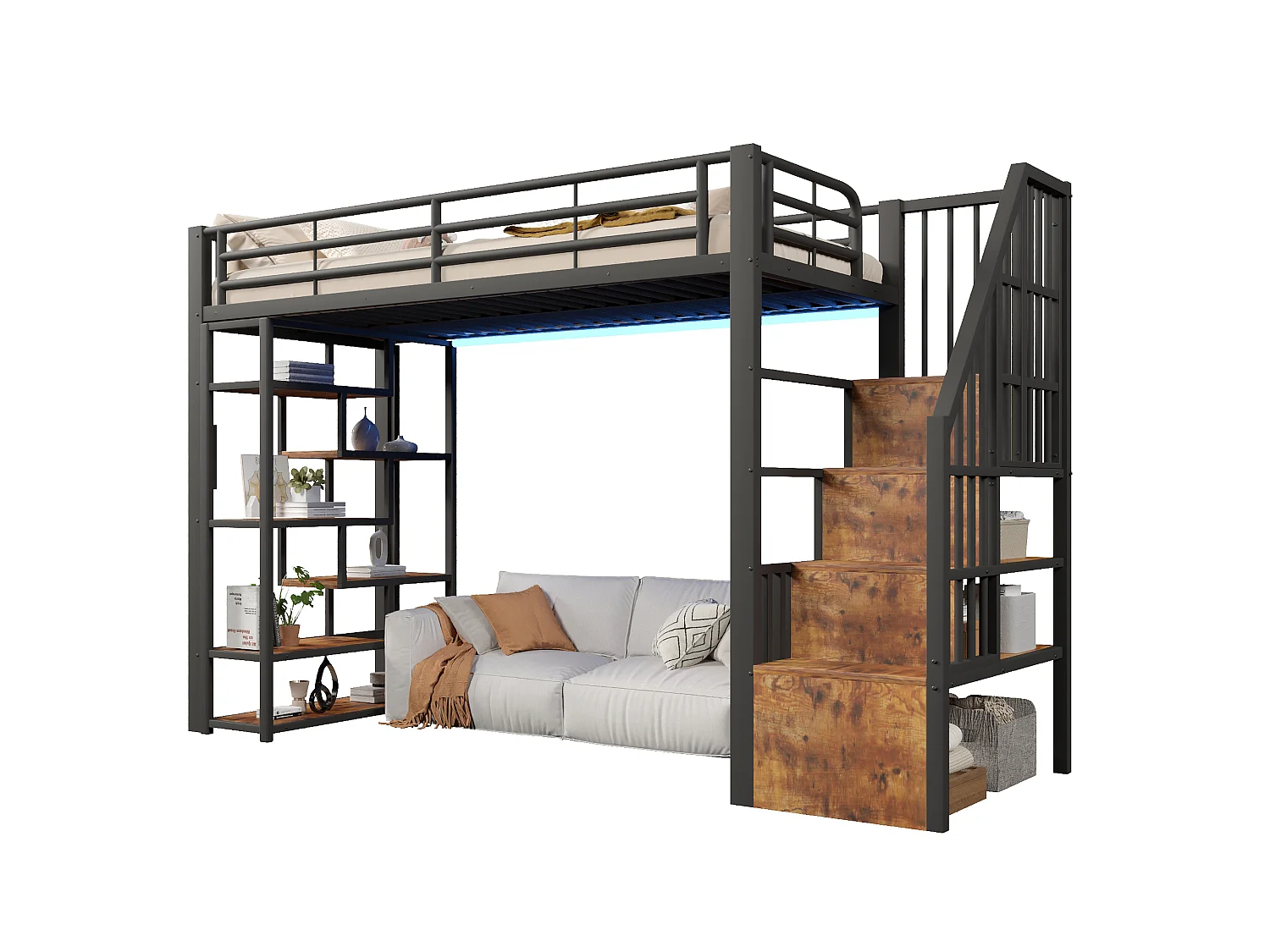 Hoogslaper 90 x 200 cm met opbergtrap en open schappen onder het bed – Metaal en MDF – LED – Zwart (Matras niet inbegrepen)