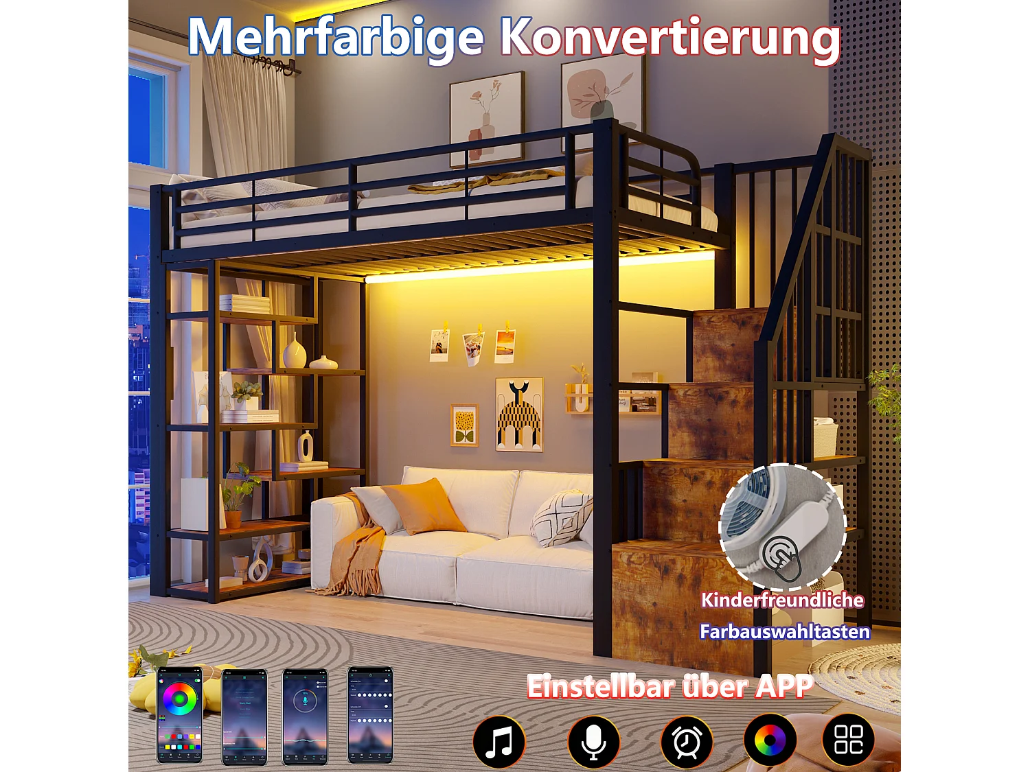 Hoogslaper 90 x 200 cm met opbergtrap en open schappen onder het bed – Metaal en MDF – LED – Zwart (Matras niet inbegrepen)