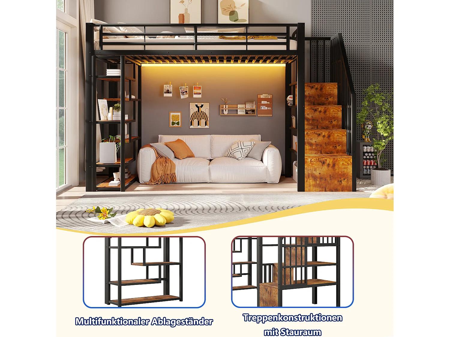 Hoogslaper 90 x 200 cm met opbergtrap en open schappen onder het bed – Metaal en MDF – LED – Zwart (Matras niet inbegrepen)