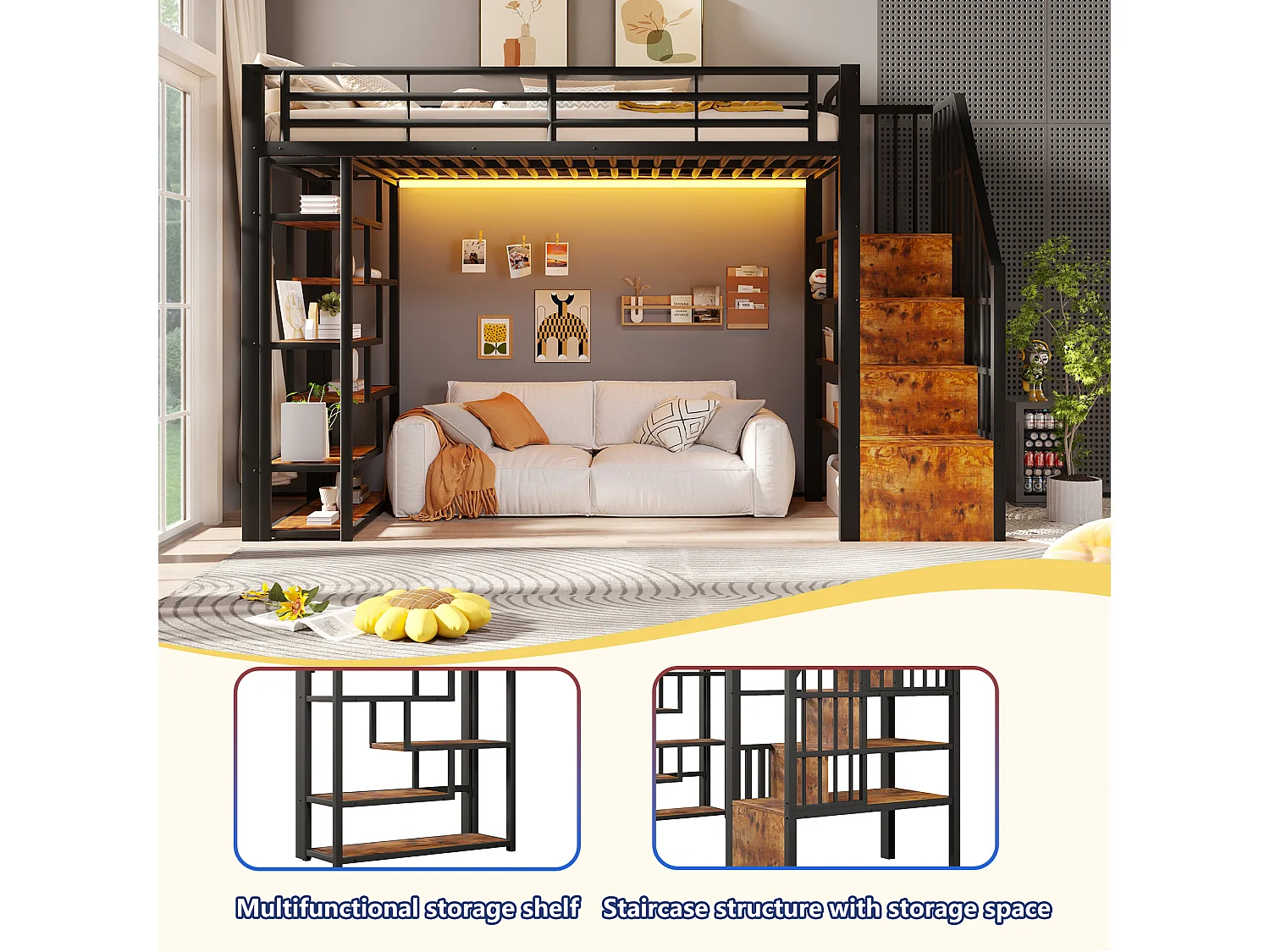 Hoogslaper 90 x 200 cm met opbergtrap en open schappen onder het bed – Metaal en MDF – LED – Zwart (Matras niet inbegrepen)