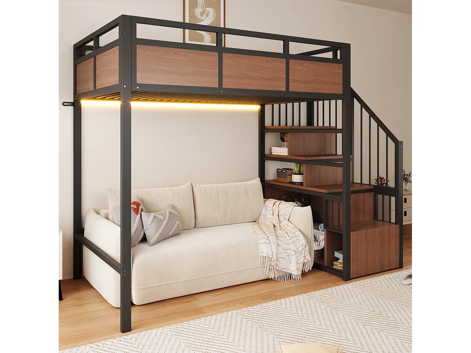 Lit mezzanine 90 x 200 cm avec échelle de rangement, barrière de sécurité, LED - Métal + MDF - Noir (Sans matelas)