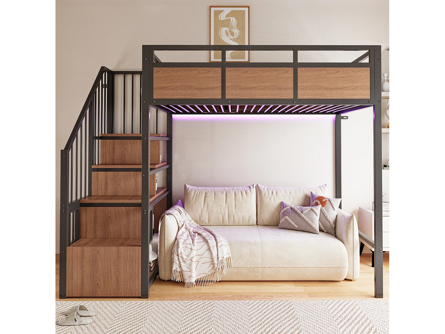 Lit mezzanine 90 x 200 cm avec échelle de rangement, barrière de sécurité, LED - Métal + MDF - Noir (Sans matelas)