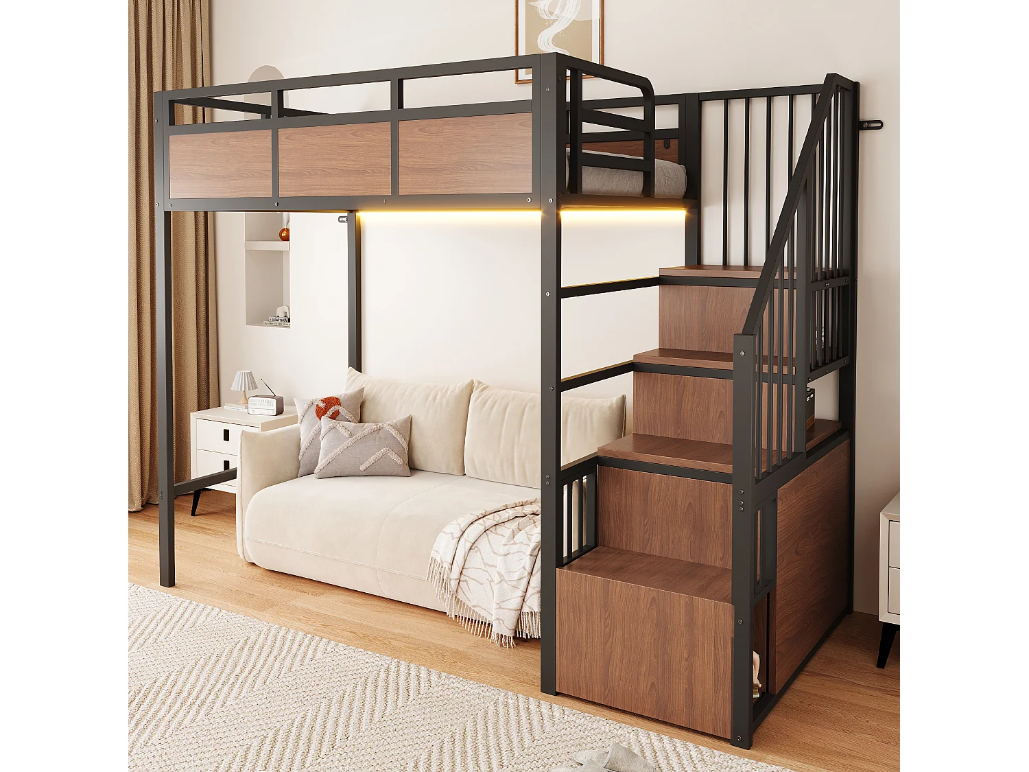 Lit mezzanine 90 x 200 cm avec échelle de rangement, barrière de sécurité, LED - Métal + MDF - Noir (Sans matelas)