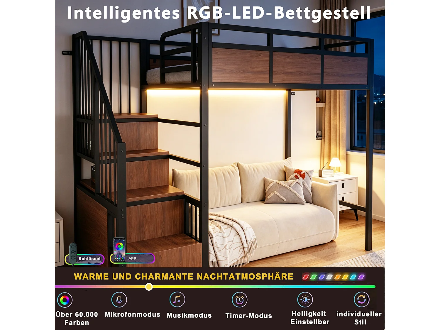 Lit mezzanine 90 x 200 cm avec échelle de rangement, barrière de sécurité, LED - Métal + MDF - Noir (Sans matelas)