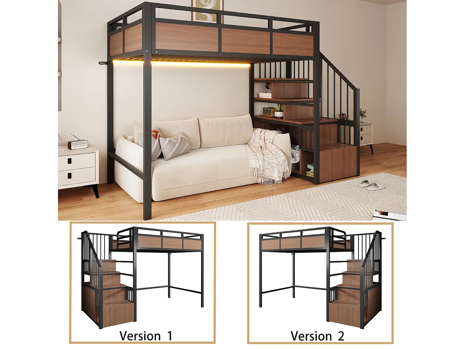 Lit mezzanine 90 x 200 cm avec échelle de rangement, barrière de sécurité, LED - Métal + MDF - Noir (Sans matelas)