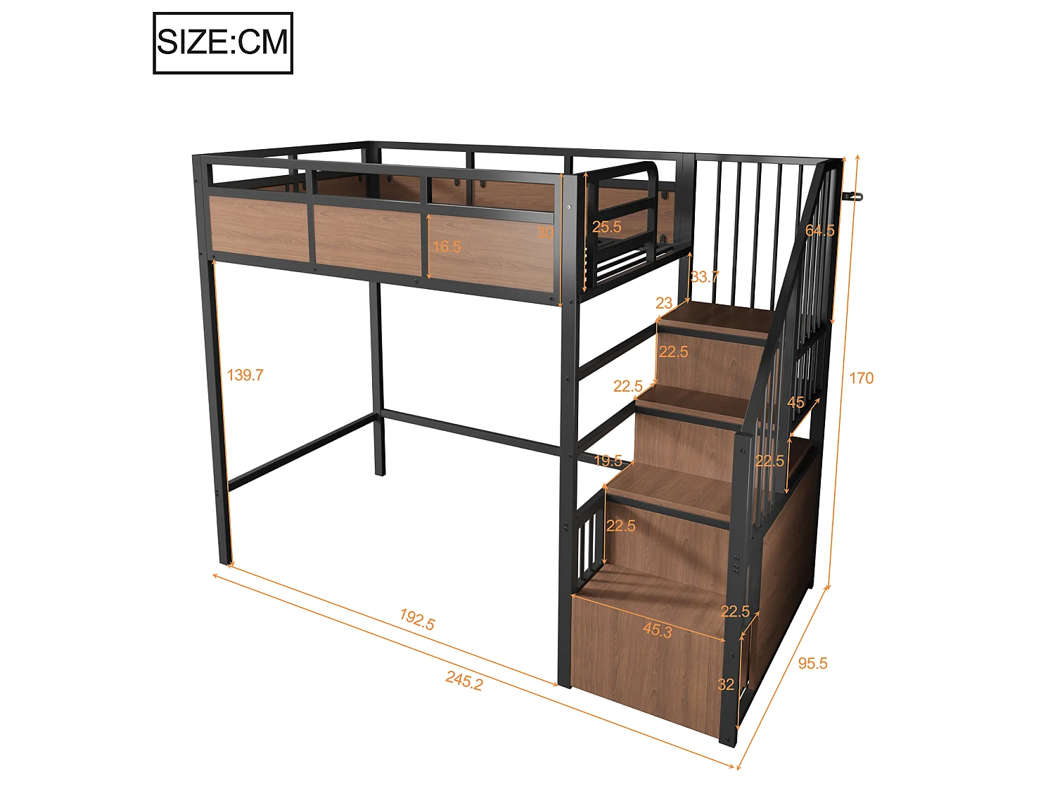 Lit mezzanine 90 x 200 cm avec échelle de rangement, barrière de sécurité, LED - Métal + MDF - Noir (Sans matelas)