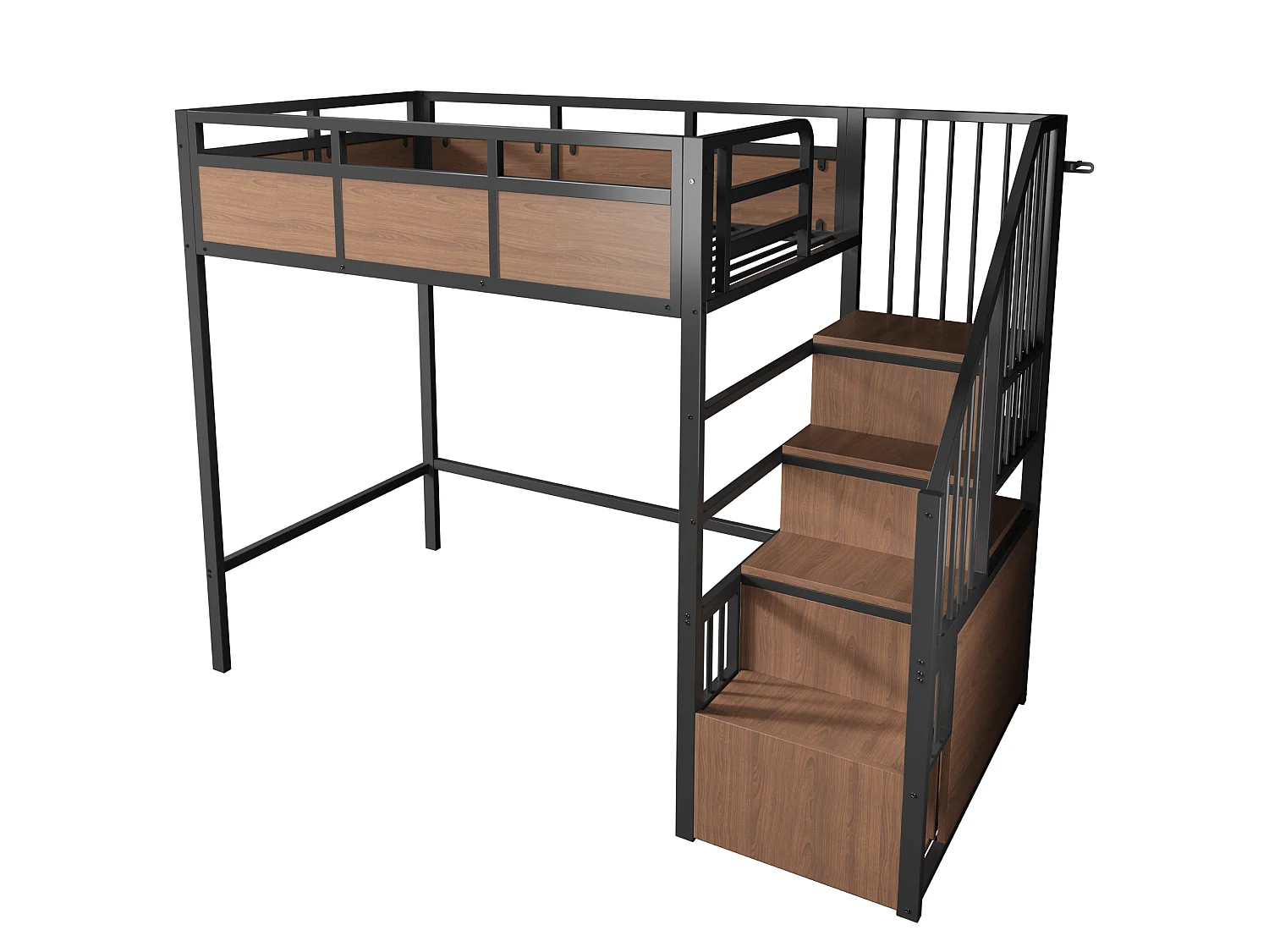 Lit mezzanine 90 x 200 cm avec échelle de rangement, barrière de sécurité, LED - Métal + MDF - Noir (Sans matelas)