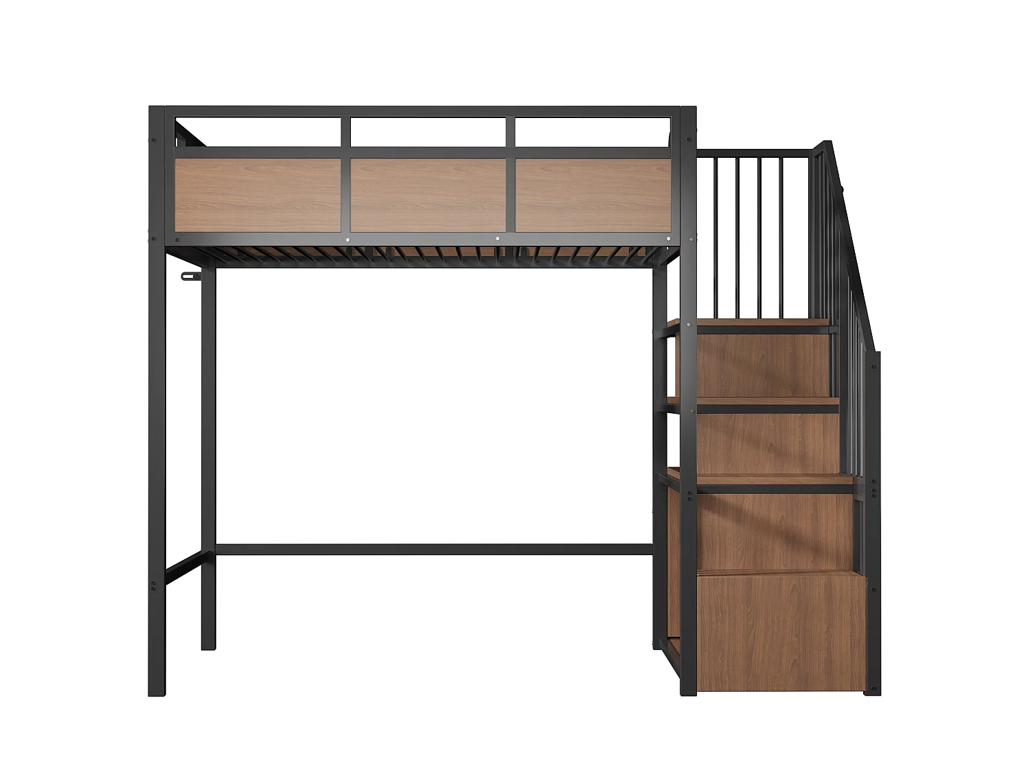 Lit mezzanine 90 x 200 cm avec échelle de rangement, barrière de sécurité, LED - Métal + MDF - Noir (Sans matelas)