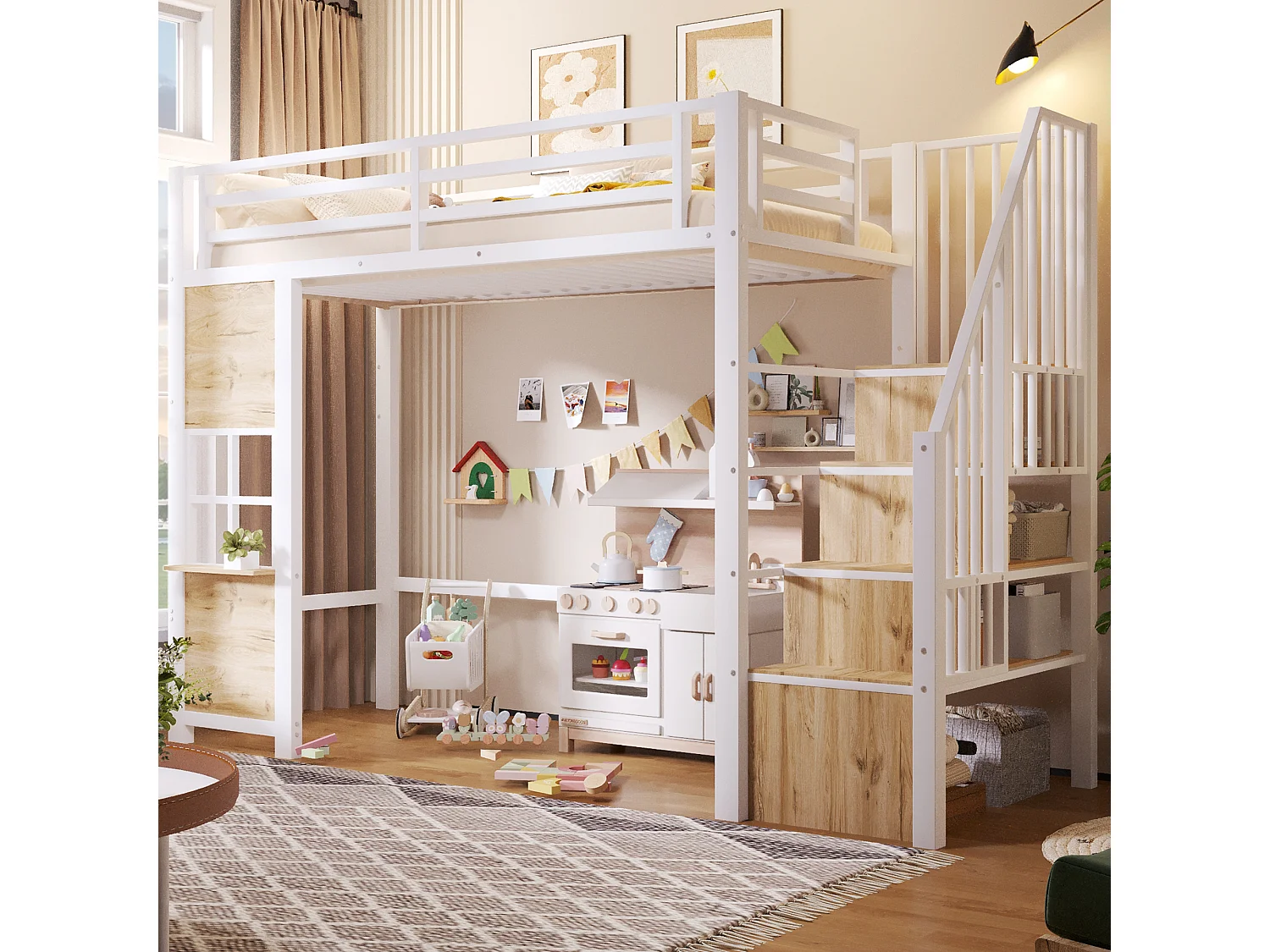 Hochbett 90 x 200 cm mit Stauraumleiter und Fenster – Metall- und MDF-Rahmen – Weiß (Matratze nicht im Lieferumfang enthalten)