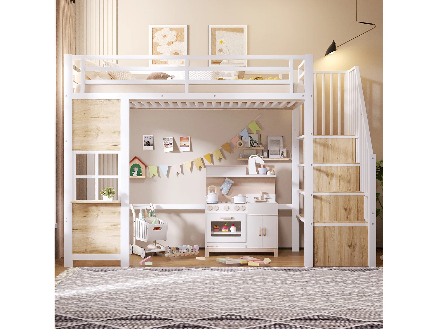 Hochbett 90 x 200 cm mit Stauraumleiter und Fenster – Metall- und MDF-Rahmen – Weiß (Matratze nicht im Lieferumfang enthalten)