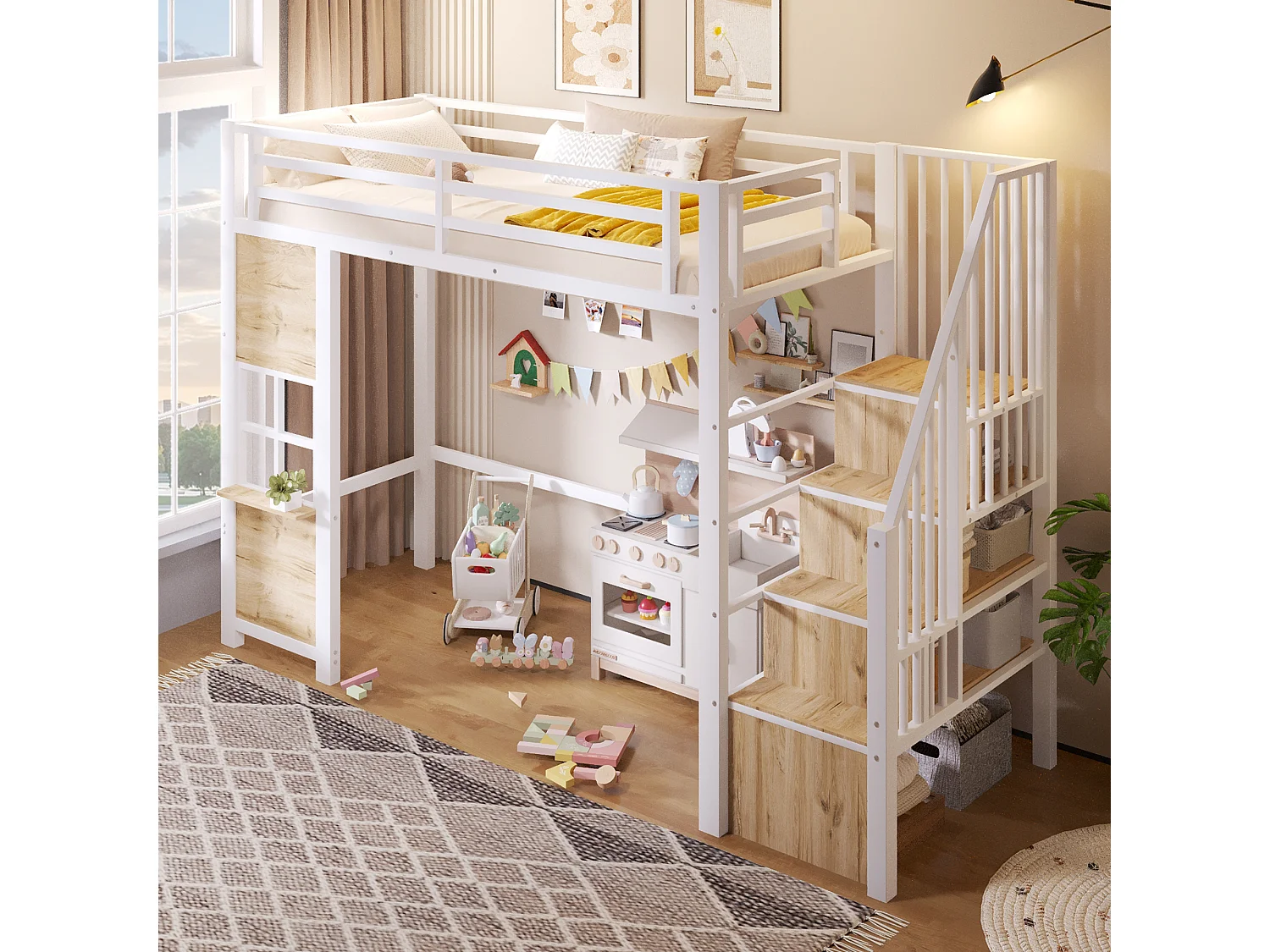 Hochbett 90 x 200 cm mit Stauraumleiter und Fenster – Metall- und MDF-Rahmen – Weiß (Matratze nicht im Lieferumfang enthalten)