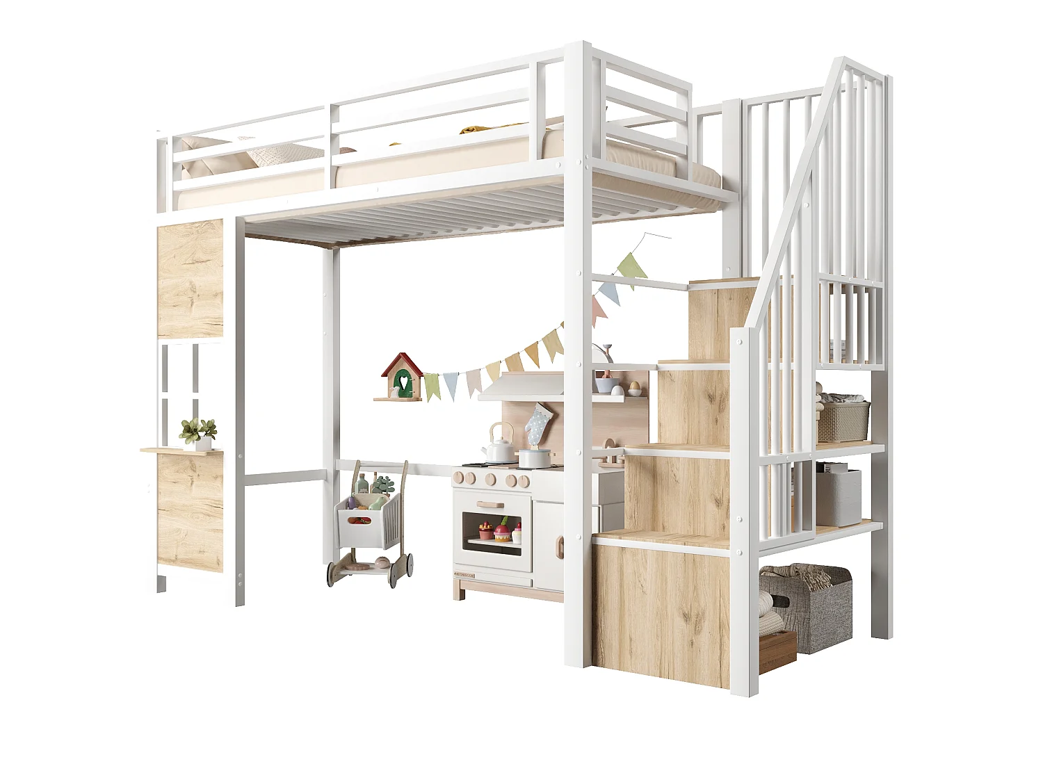 Hochbett 90 x 200 cm mit Stauraumleiter und Fenster – Metall- und MDF-Rahmen – Weiß (Matratze nicht im Lieferumfang enthalten)