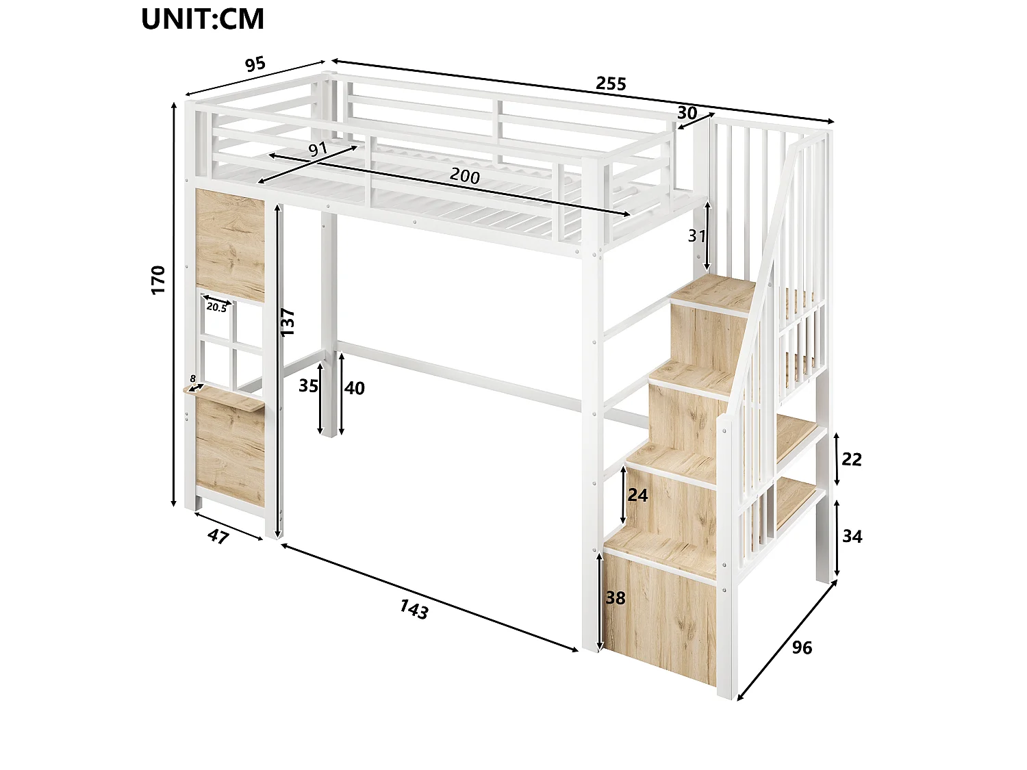 Hochbett 90 x 200 cm mit Stauraumleiter und Fenster – Metall- und MDF-Rahmen – Weiß (Matratze nicht im Lieferumfang enthalten)