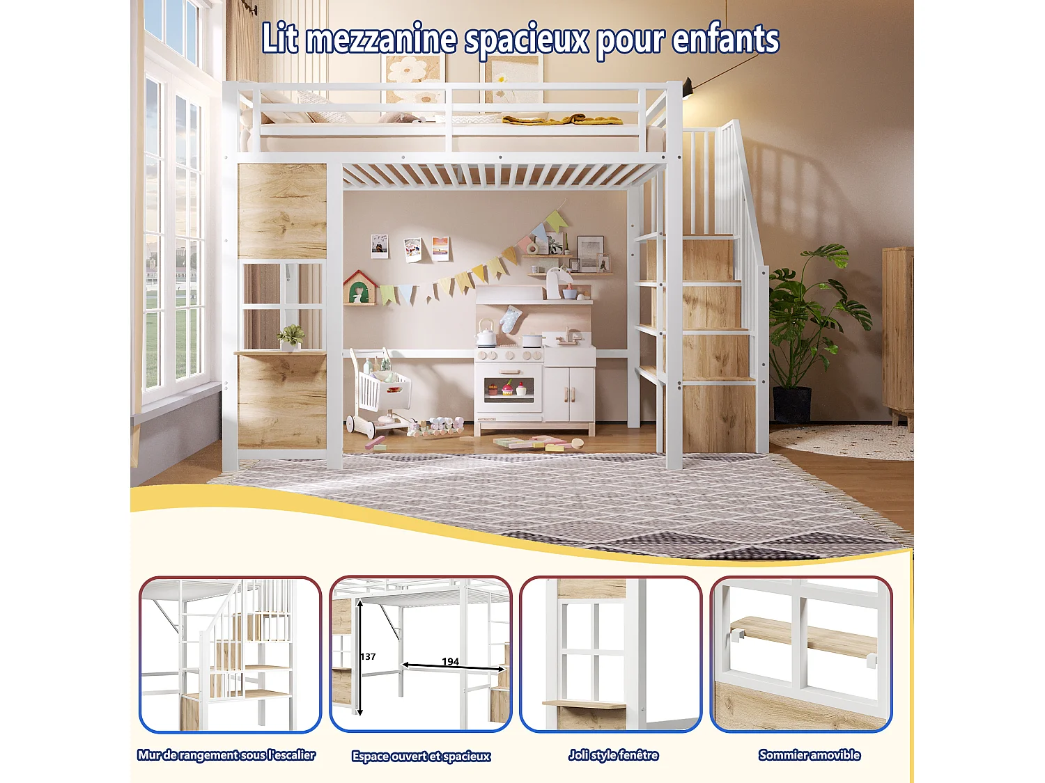 Hochbett 90 x 200 cm mit Stauraumleiter und Fenster – Metall- und MDF-Rahmen – Weiß (Matratze nicht im Lieferumfang enthalten)