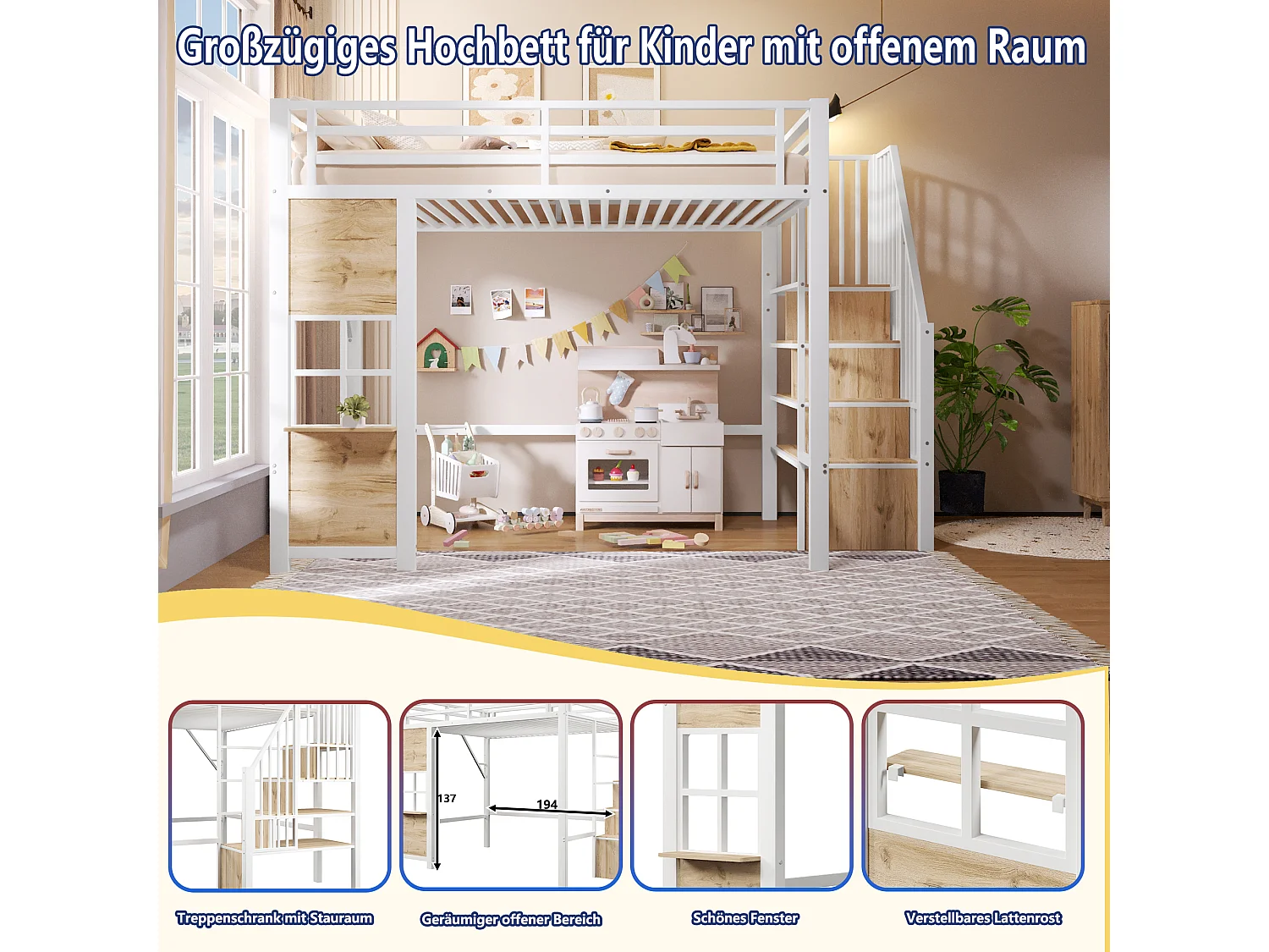 Hochbett 90 x 200 cm mit Stauraumleiter und Fenster – Metall- und MDF-Rahmen – Weiß (Matratze nicht im Lieferumfang enthalten)